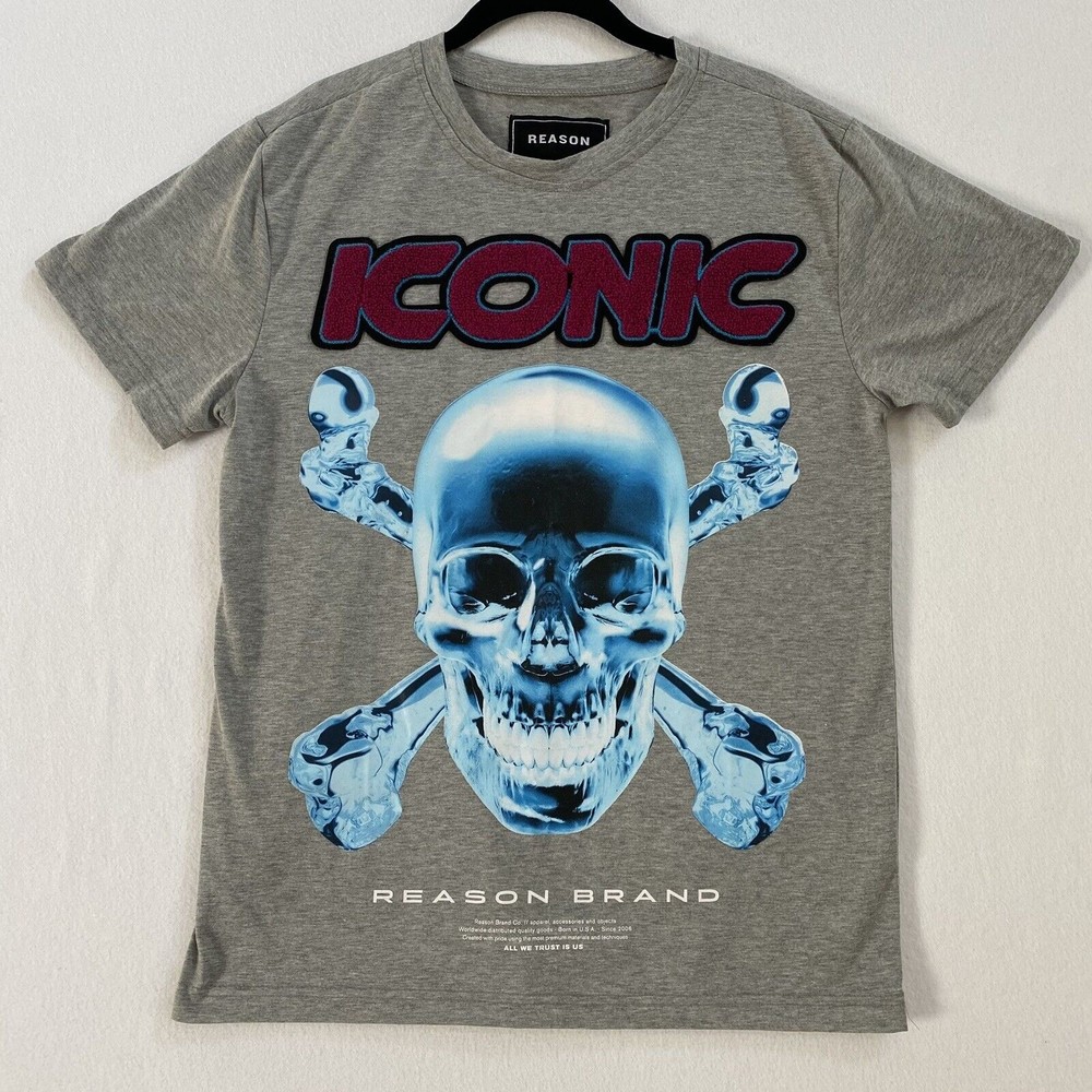 Reason Brand Embroidered ICONIC Mercury Skull Graphic Print Tee Gray Men's M
